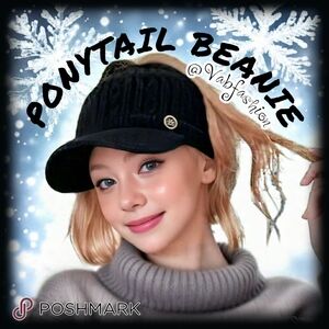 Black Knit Ponytail Winter Beanie with Brim